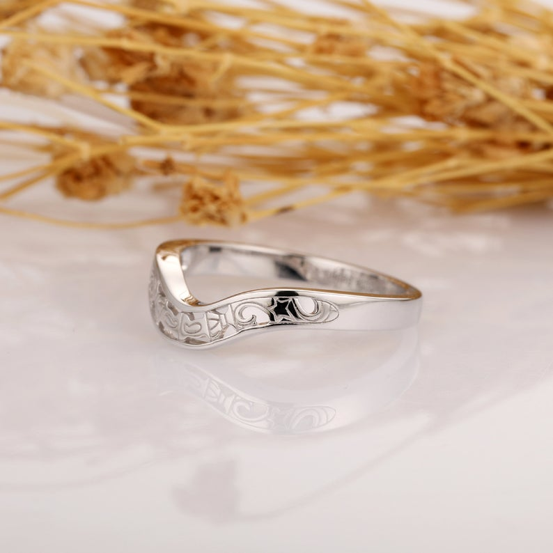 Solid 14k White Gold Wedding Band, Vintage Style Matching Ring