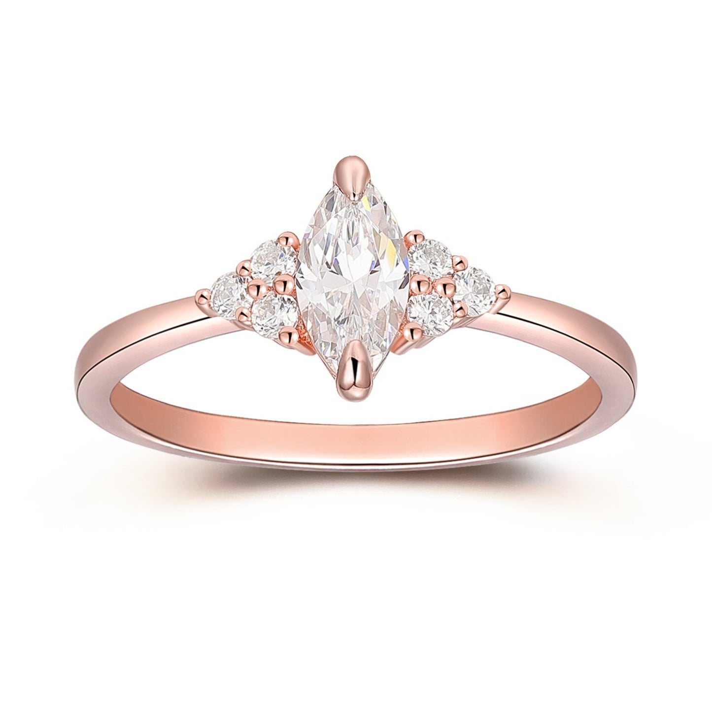 Art Deco 4x8mm Marquise Cut Moissanite Ring, Round Moissanites Cluster Engagement Ring, 14k Rose Gold Tapered Shank Bridal Ring For Her