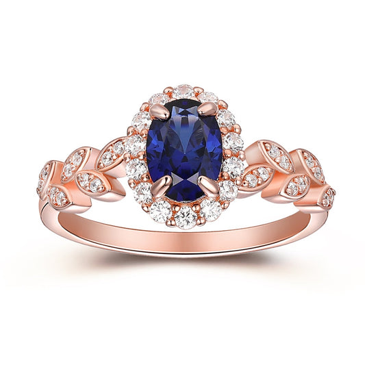 Oval Cut 5x7mm Blue Sapphire Wedding Ring, 14K Rose Gold Art Deco Leaf Vine Engagement Ring