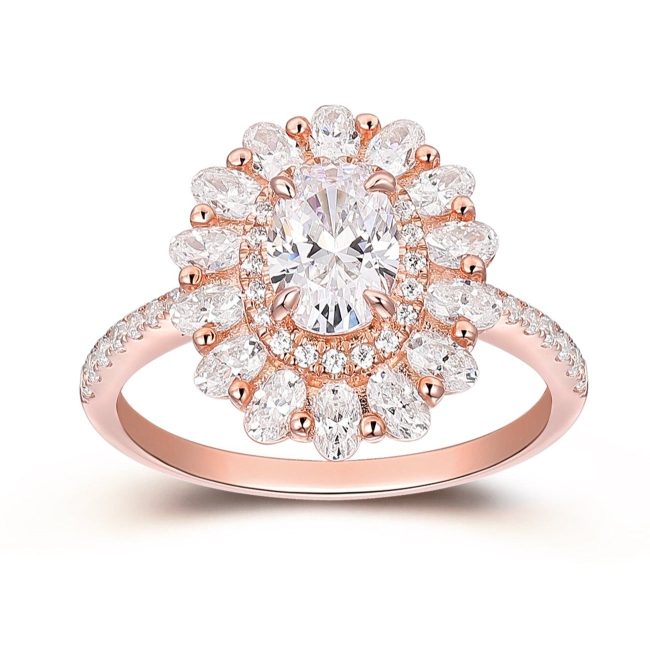 Art Deco 5x7mm Oval Cut Moissanite Engagement Ring, Flower Double Halo Promise Ring For Women, Half Eternity 14k Rose Gold Bridal Ring