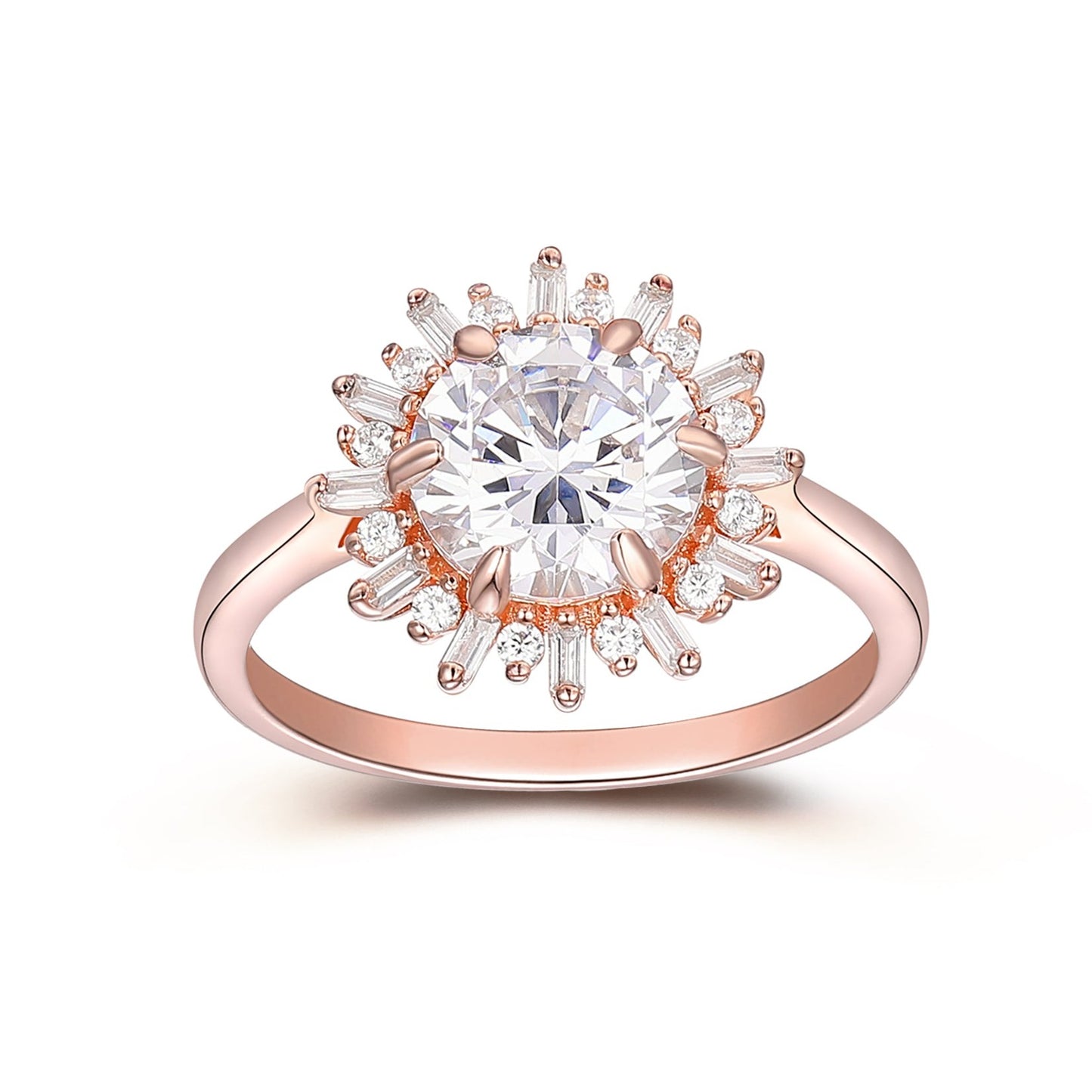 2CT Hearts And Arrows Round Brilliant Cut Moissanite Ring, 0.36ctw Moissanites Sun Shape Halo Promise Ring, 14k Rose Gold Tapered Shank Engagement Ring For Her