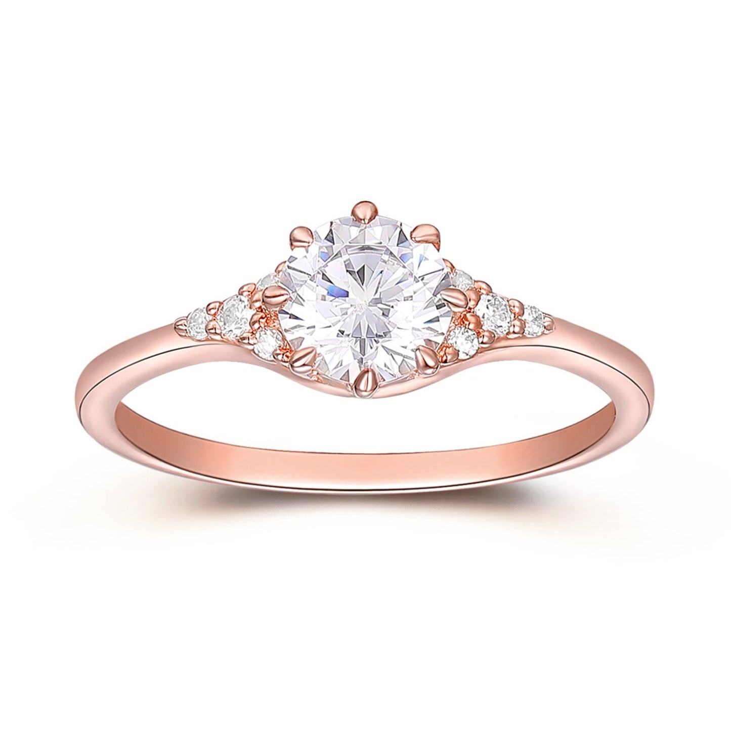 Prong Set 0.8CT Round Cut Moissanite Engagement Ring For Lover, 14k Rose Gold Tapered Band Promise Ring, Moissanites Cluster Anniversary Ring
