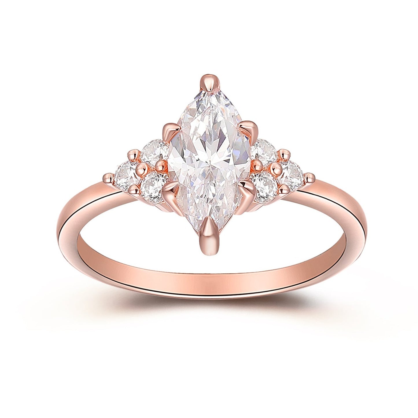 6 Prongs 5x10mm Marquise Cut Moissanite Anniversary Ring, 0.21ctw Round Cut Moissanites Cluster Ring, 14k Rose Gold Engagement Ring For Her