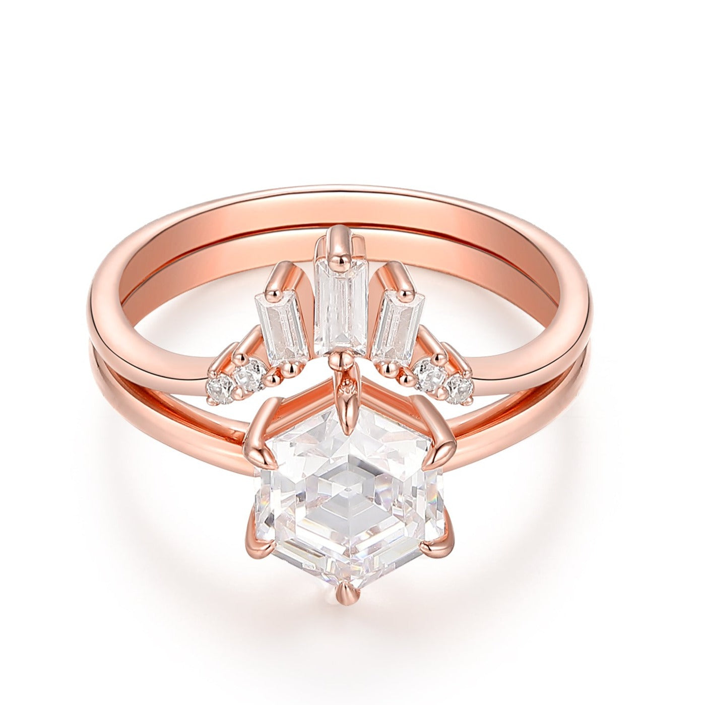 6 Prongs Hexagon Cut 7mm Moissanite Solitaire Engagement Ring Set, 14k Rose Gold Bridal Sets, Moissanites Curved Matching Band