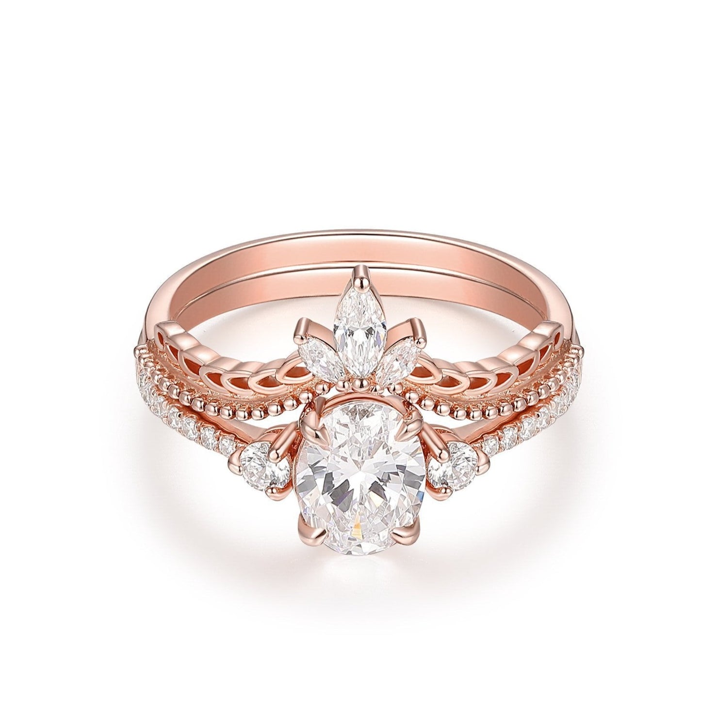 14k Rose Gold Moissanite Bridal Sets, Art Deco 1.5CT Oval Cut Moissanite Tapered Band Engagement Ring For Her, Vintage Curved Shaped Wedding Band