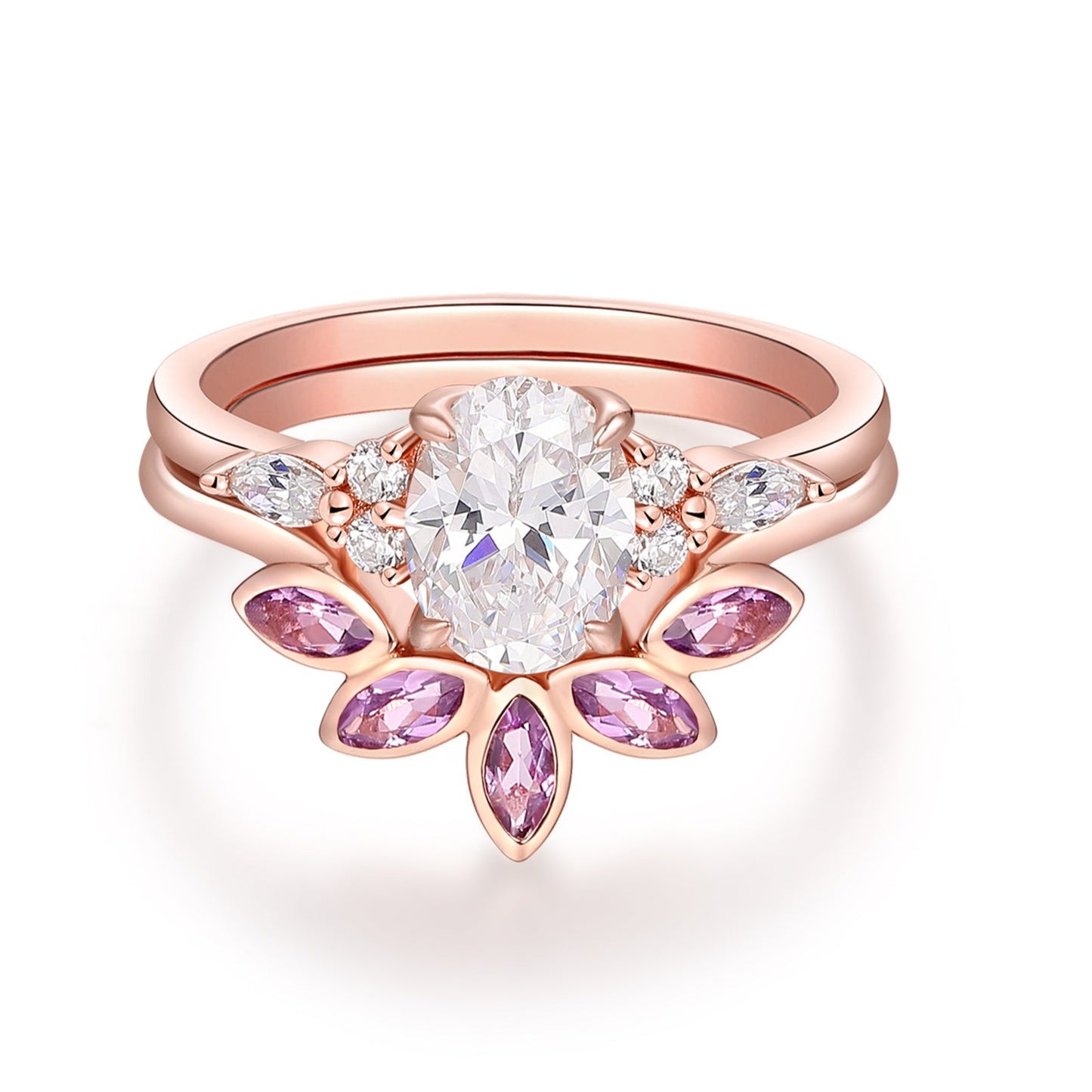 6x8mm Oval Cut Moissanite Engagement Ring Set, Art Deco Wedding Promise Ring, Natural Amethyst Wedding Band, Bridal Ring Set