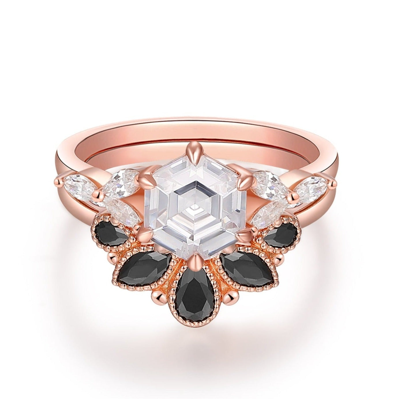 7x7mm Hexagon Cut Moissanite Engagement Ring Set, Black Zircon Wedding Band, Art Deco Bridal Set