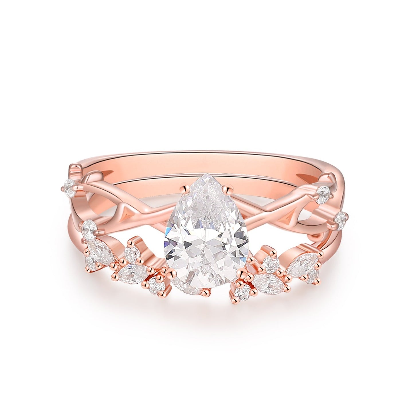 6x8mm Pear Shaped Moissanite Engagement Ring, Moissanite Cluster Band, Art Deco Bridal Ring Set For Women