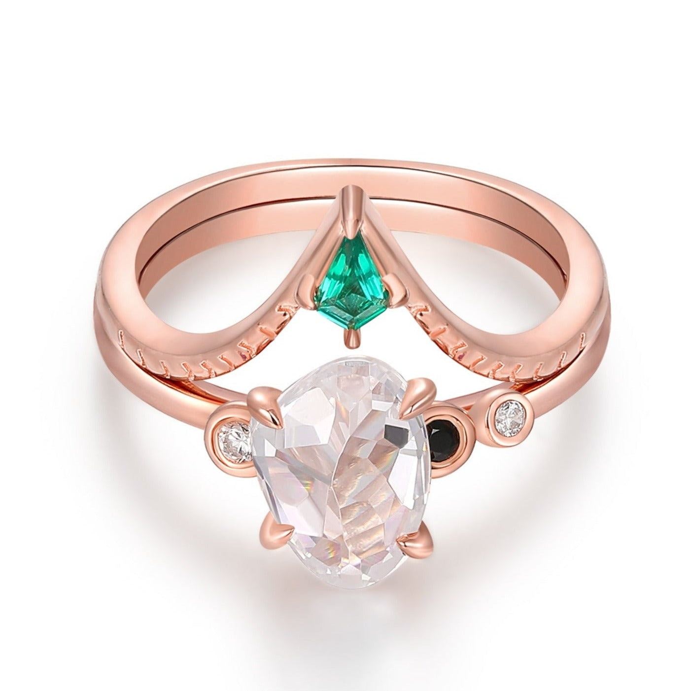 2CT Irregular Shaped Moissanite Engagement Ring, 14k Rose Gold Emerald Stacking Ring, Art Deco Bridal Ring Set