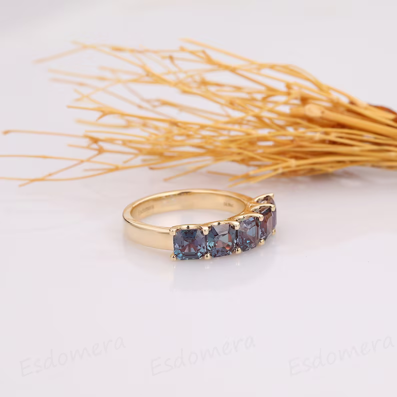 5 Stones Alexandrite Wedding Ring, 14K Solid White Gold Ring, Prong Set Asscher Cut 4CTW Alexandrite Wedding Band, Gift For Lover