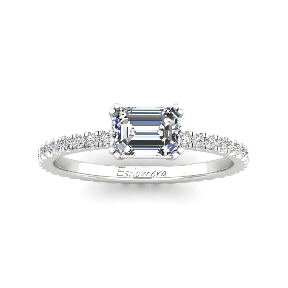 Emerald Cut 5x7mm Moissanite Pave Set Accents Engagement Ring