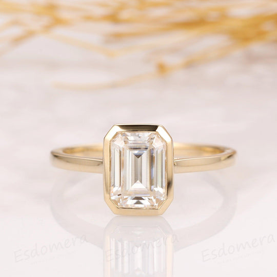 2CT Emerald Cut Moissanite Solitaire Ring, 14K Yellow Gold Engagement Ring, Bezel Setting, Statement Ring, Gift For Her, Anniversary Ring - Esdomera