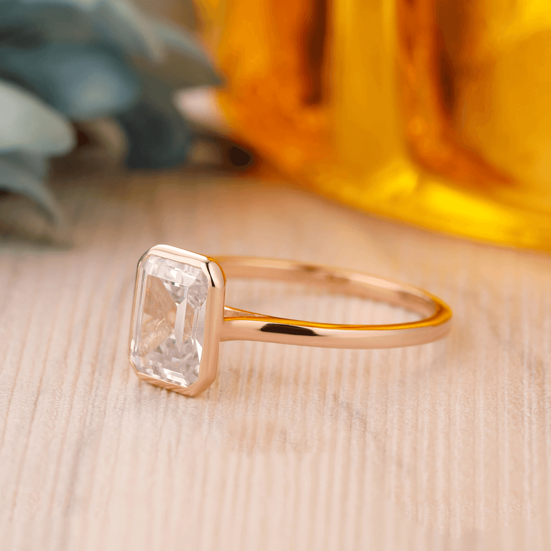 2CT Emerald Cut Moissanite Solitaire Ring, 14K Yellow Gold Engagement Ring, Bezel Setting, Statement Ring, Gift For Her, Anniversary Ring - Esdomera