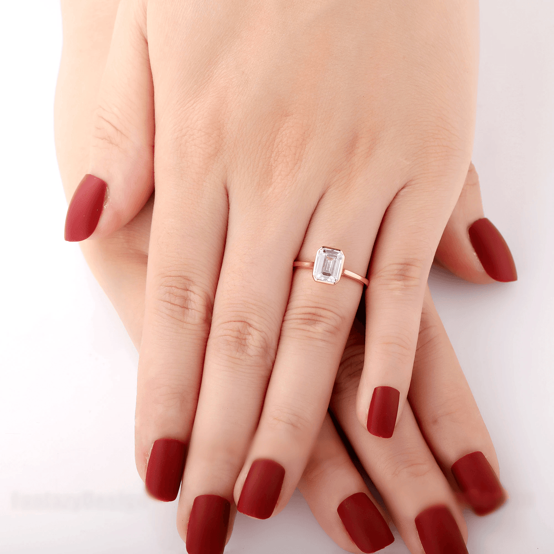 2CT Emerald Cut Moissanite Solitaire Ring, 14K Yellow Gold Engagement Ring, Bezel Setting, Statement Ring, Gift For Her, Anniversary Ring - Esdomera