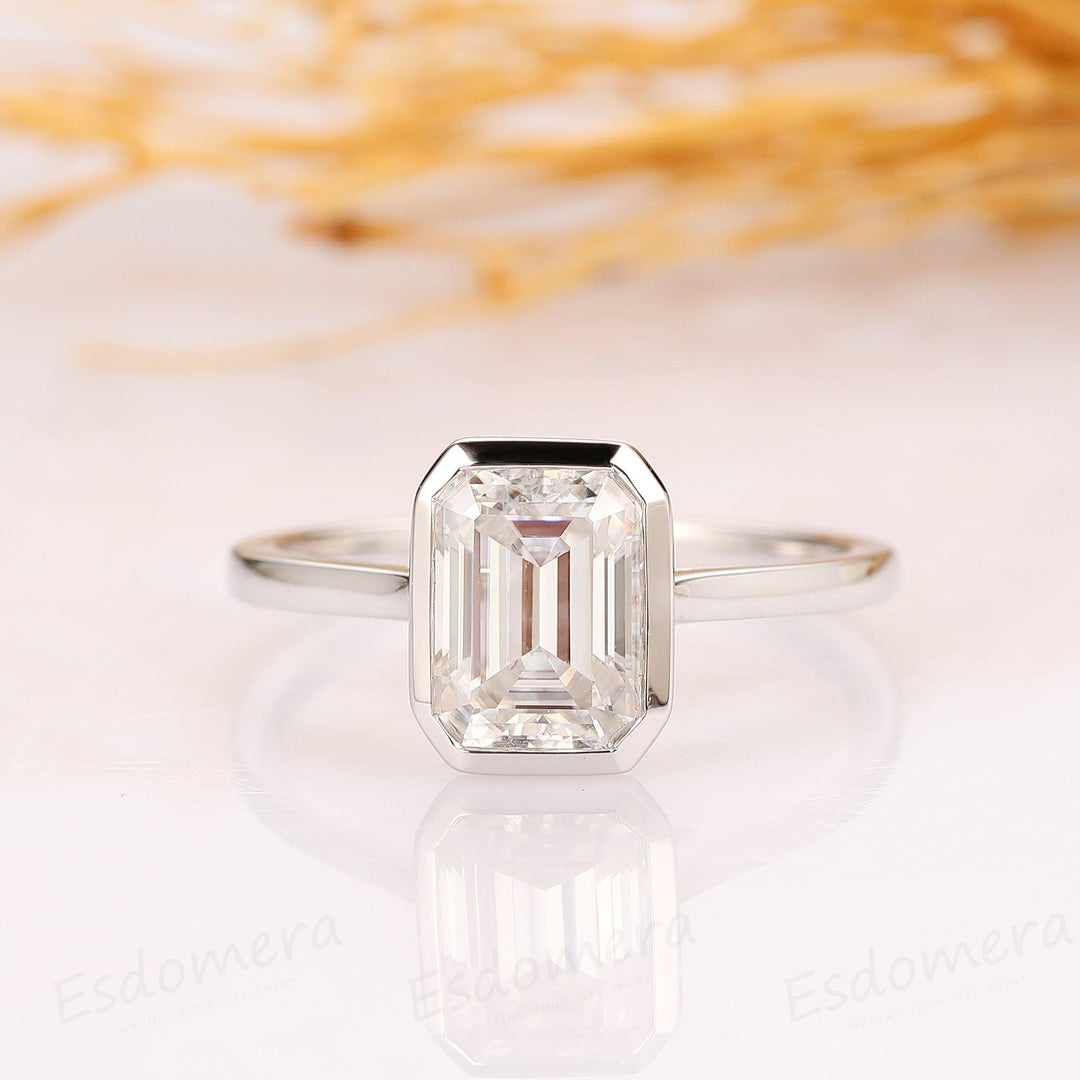 2CT Emerald Cut Moissanite Solitaire Ring, 14K Yellow Gold Engagement Ring, Bezel Setting, Statement Ring, Gift For Her, Anniversary Ring - Esdomera