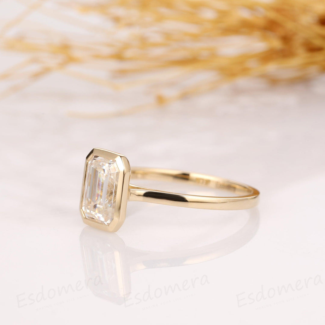 2CT Emerald Cut Moissanite Solitaire Ring, 14K Yellow Gold Engagement Ring, Bezel Setting, Statement Ring, Gift For Her, Anniversary Ring - Esdomera