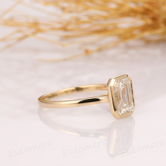 2CT Emerald Cut Moissanite Solitaire Ring, 14K Yellow Gold Engagement Ring, Bezel Setting, Statement Ring, Gift For Her, Anniversary Ring - Esdomera