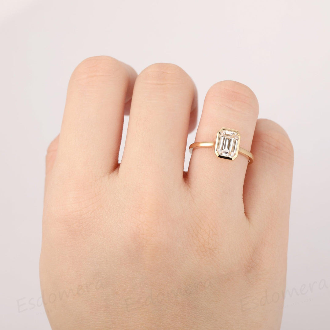 2CT Emerald Cut Moissanite Solitaire Ring, 14K Yellow Gold Engagement Ring, Bezel Setting, Statement Ring, Gift For Her, Anniversary Ring - Esdomera