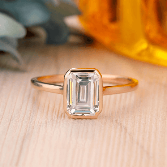 2CT Emerald Cut Moissanite Solitaire Ring, 14K Yellow Gold Engagement Ring, Bezel Setting, Statement Ring, Gift For Her, Anniversary Ring - Esdomera