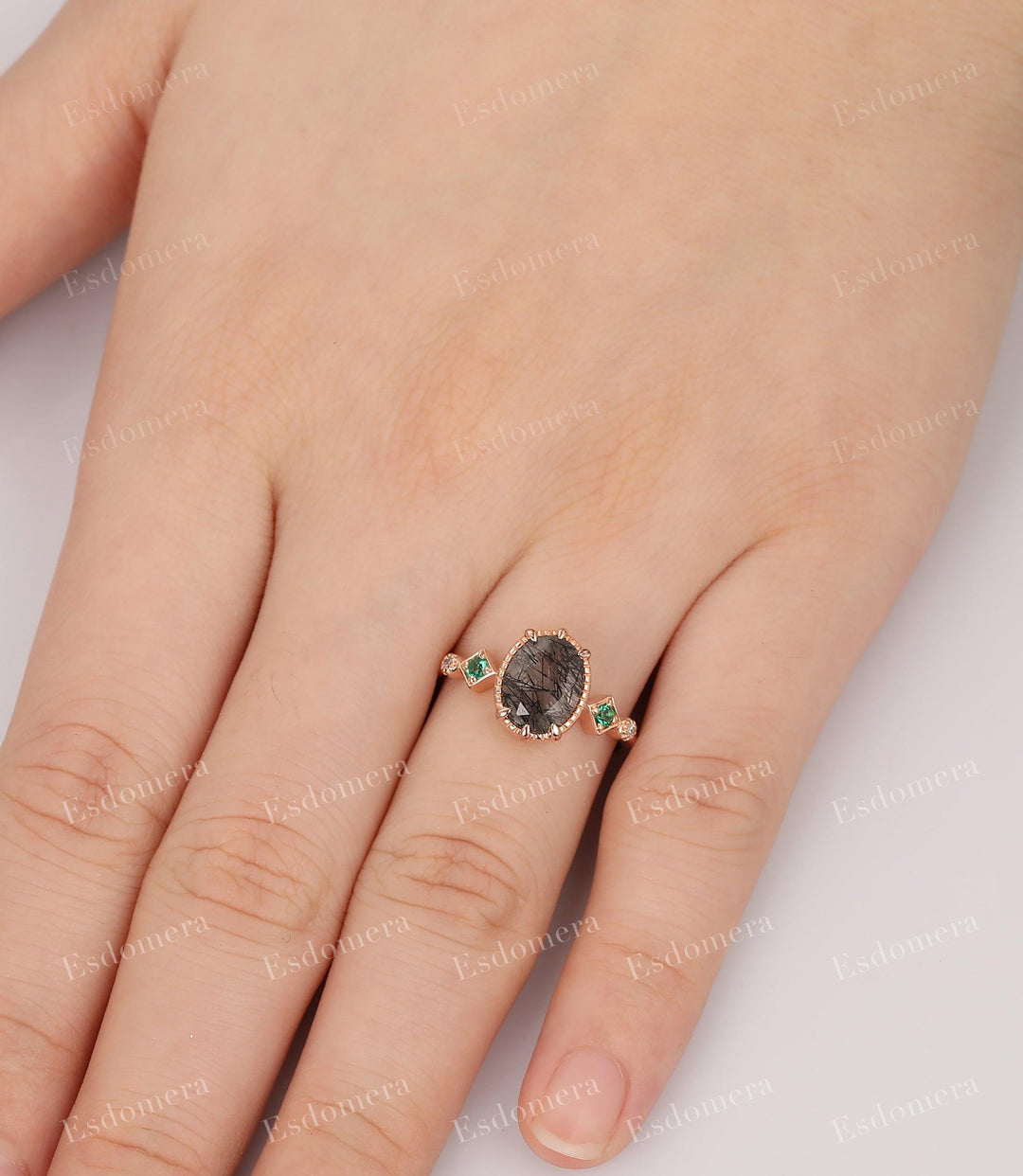2CT Oval Cut Natural Black Rutilated Quartz Ring Unique Engagement Ring For Women - Esdomera