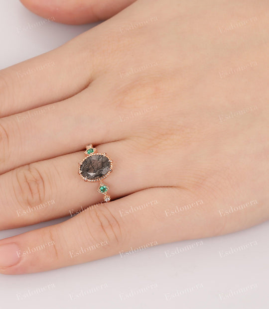 2CT Oval Cut Natural Black Rutilated Quartz Ring Unique Engagement Ring For Women - Esdomera