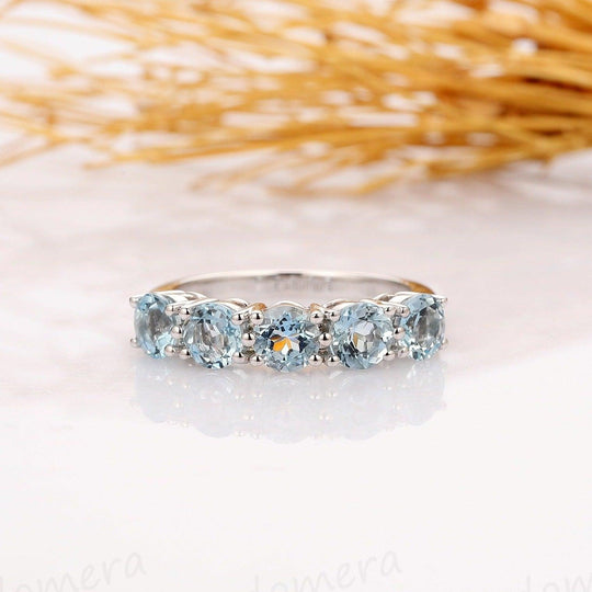 2ctw Round Aquamarine Engagement Ring, 14k White Gold 5 Stone Prong Setting Ring - Esdomera