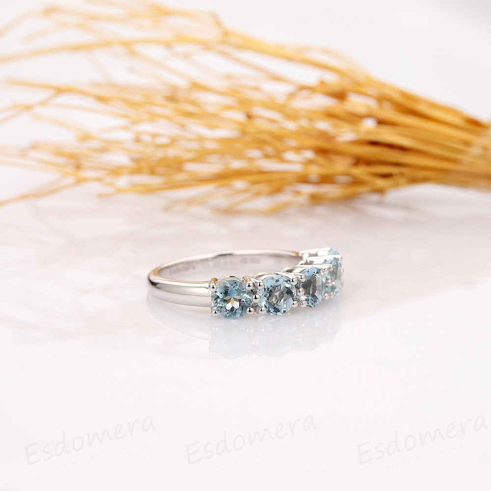 2ctw Round Aquamarine Engagement Ring, 14k White Gold 5 Stone Prong Setting Ring - Esdomera
