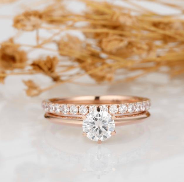 Round Cut 1CT Moissanite 6-Prongs Solitaire Ring Set, 14k Rose Gold Wedding Bridal Set Engagement Ring Accents Band