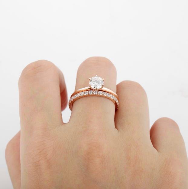 Round Cut 1CT Moissanite 6-Prongs Solitaire Ring Set, 14k Rose Gold Wedding Bridal Set Engagement Ring Accents Band
