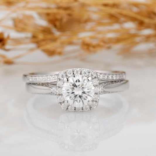 1.25ct Round Cut Moissanites Wedding Set Ring, Halo Accents 14k White Gold Antique Filigree Bridal Sets