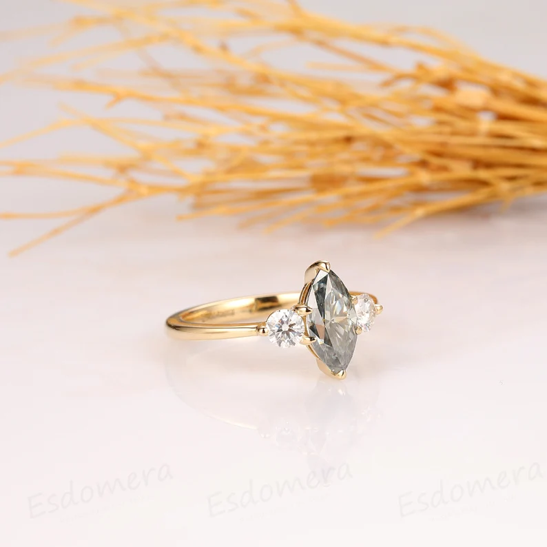Marquise Cut 1CT Gray Moissanite Ring, Gray Moissanite Engagement Ring, 14k Yellow Gold Wedding Ring, Anniversary Ring, Promise Bridal Ring