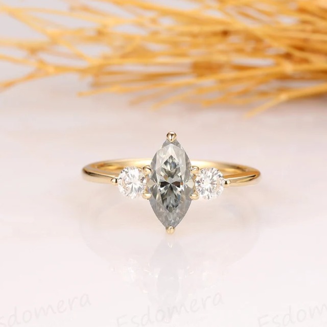 Marquise Cut 1CT Gray Moissanite Ring, Gray Moissanite Engagement Ring, 14k Yellow Gold Wedding Ring, Anniversary Ring, Promise Bridal Ring