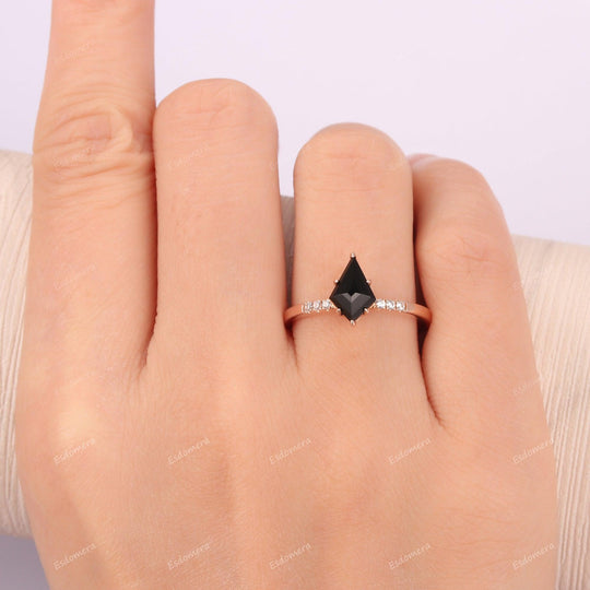 6 Prongs Kite Cut 1.35CT Black Onyx Engagement Ring, Moissanites Accents Promise Ring For Her, 14k Rose Gold Anniversary Ring For Women - Esdomera