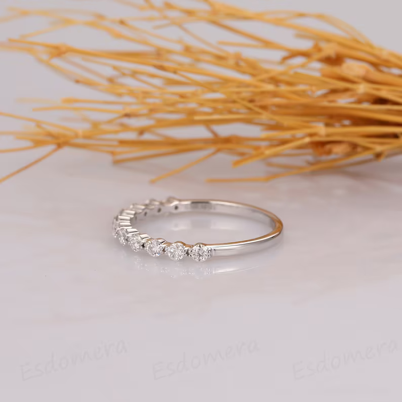 Delicate Round Moissanite Wedding Band, 14K White Gold Moissanite Engagement Band, Promise Ring
