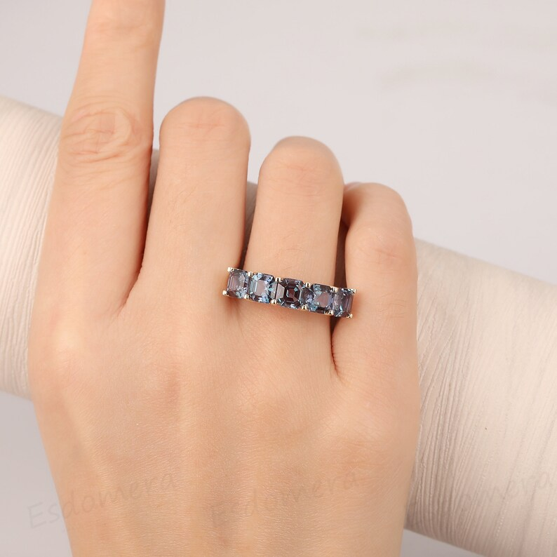 5 Stones Alexandrite Wedding Ring, 14K Solid White Gold Ring, Prong Set Asscher Cut 4CTW Alexandrite Wedding Band, Gift For Lover