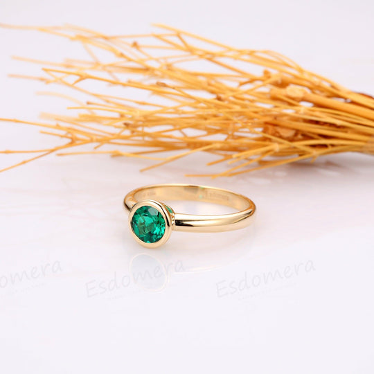 6mm Emerald Ring, Solitaire 14k Yellow Gold May Birthstone Engagement Ring - Esdomera
