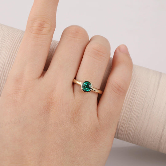 6mm Emerald Ring, Solitaire 14k Yellow Gold May Birthstone Engagement Ring - Esdomera