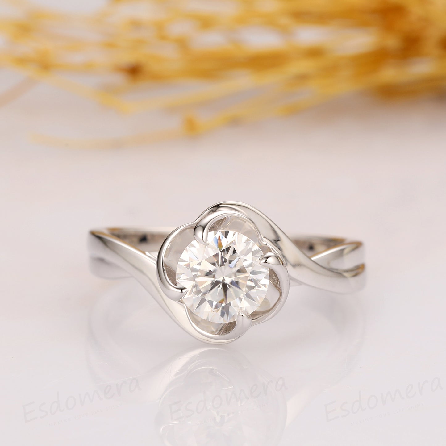 Round Cut 1ct Esdomera Moissanite Ring, Solitaire Flower Style Engagement Ring