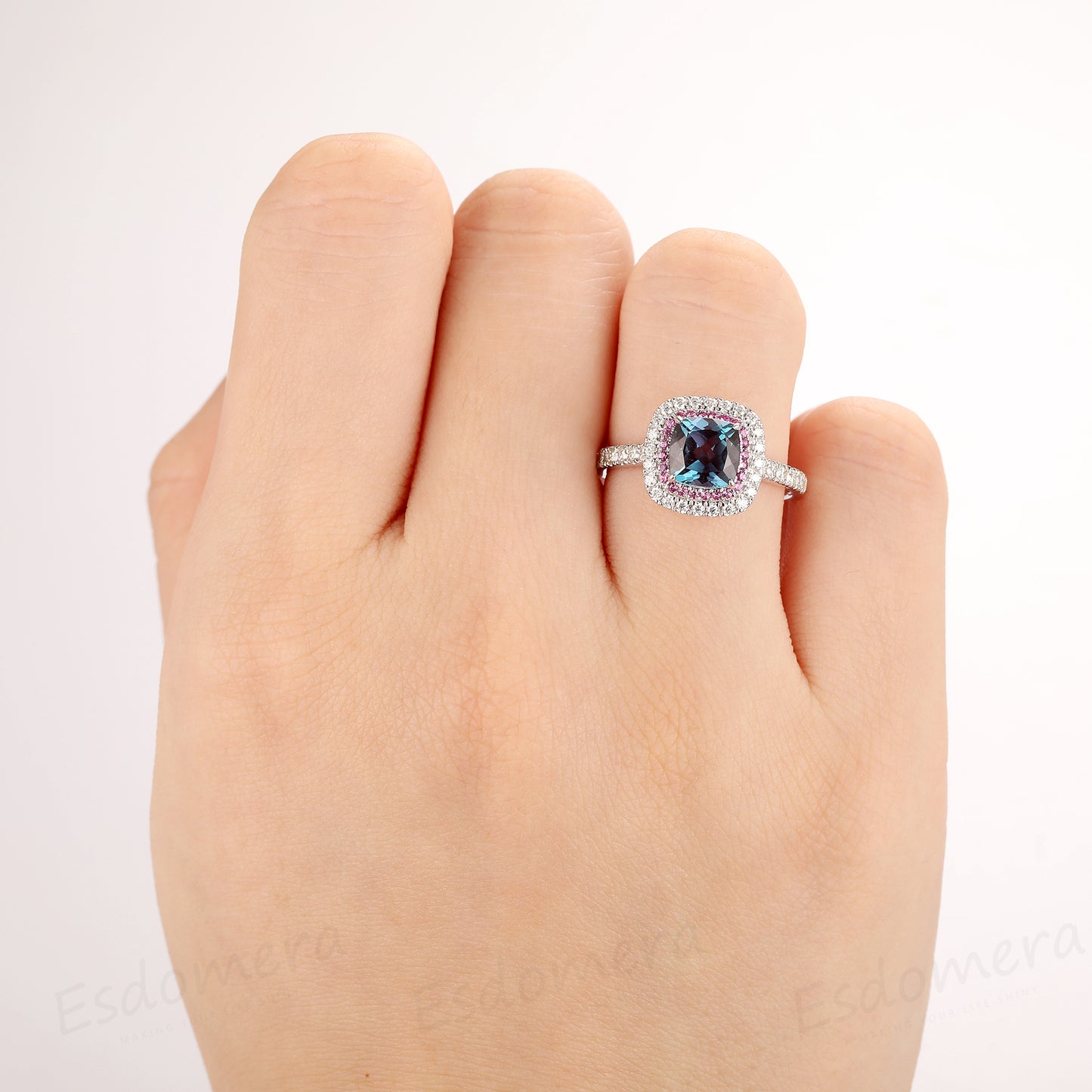 Cushion Cut 1.5ct Alexandrite Ring, Double Halo Pink Pave Set Accents Ring, 14k White Gold Engagement Ring
