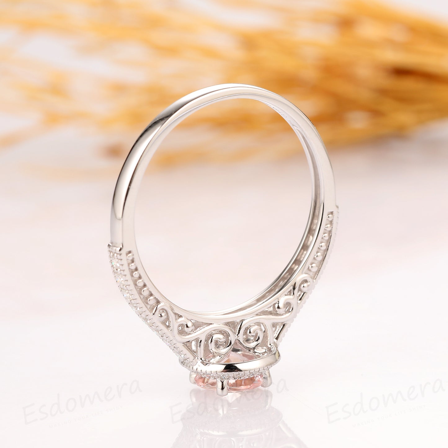 Vintage Filigree Round Cut 0.8CT Morganite Ring, Halo 14k White Gold Engagement Ring