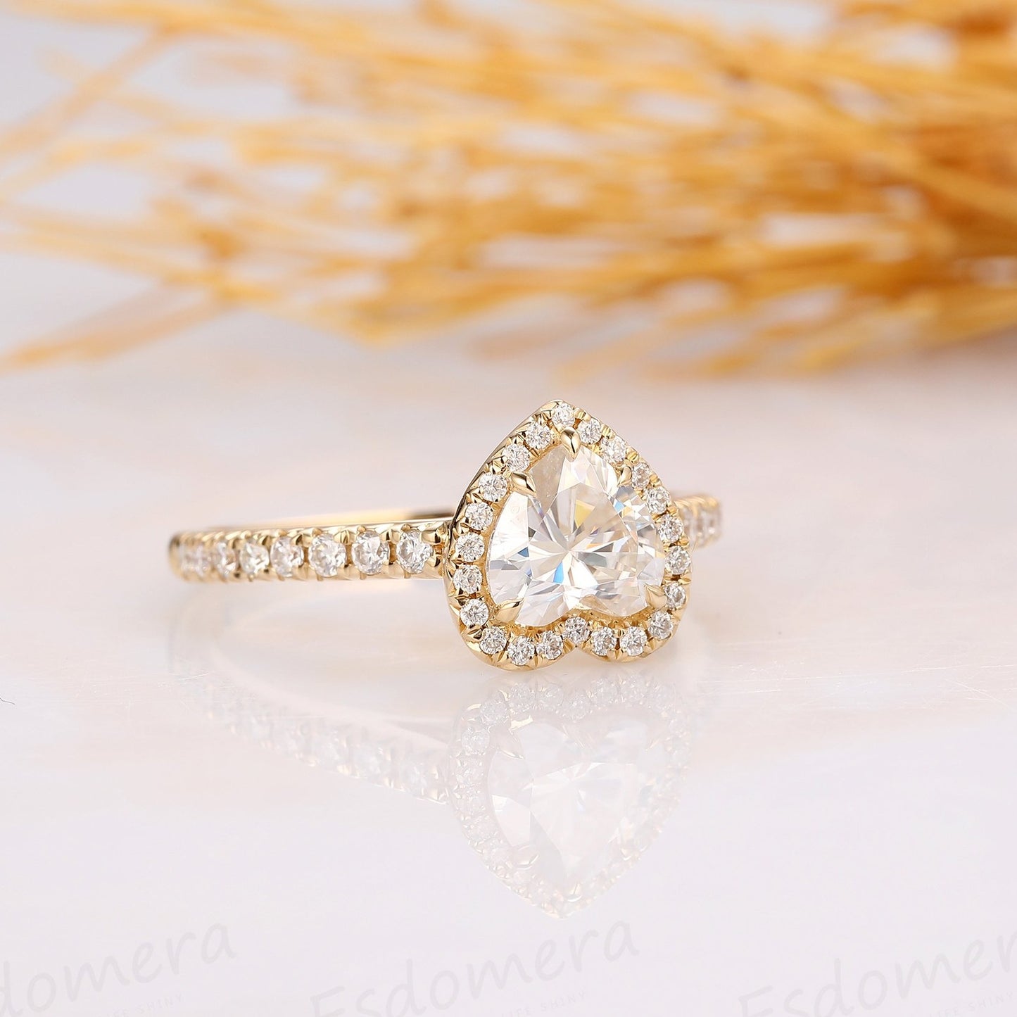 Heart Shape 1CT Moissanite Ring, Halo Design, 14k Yellow Gold Engagement Ring