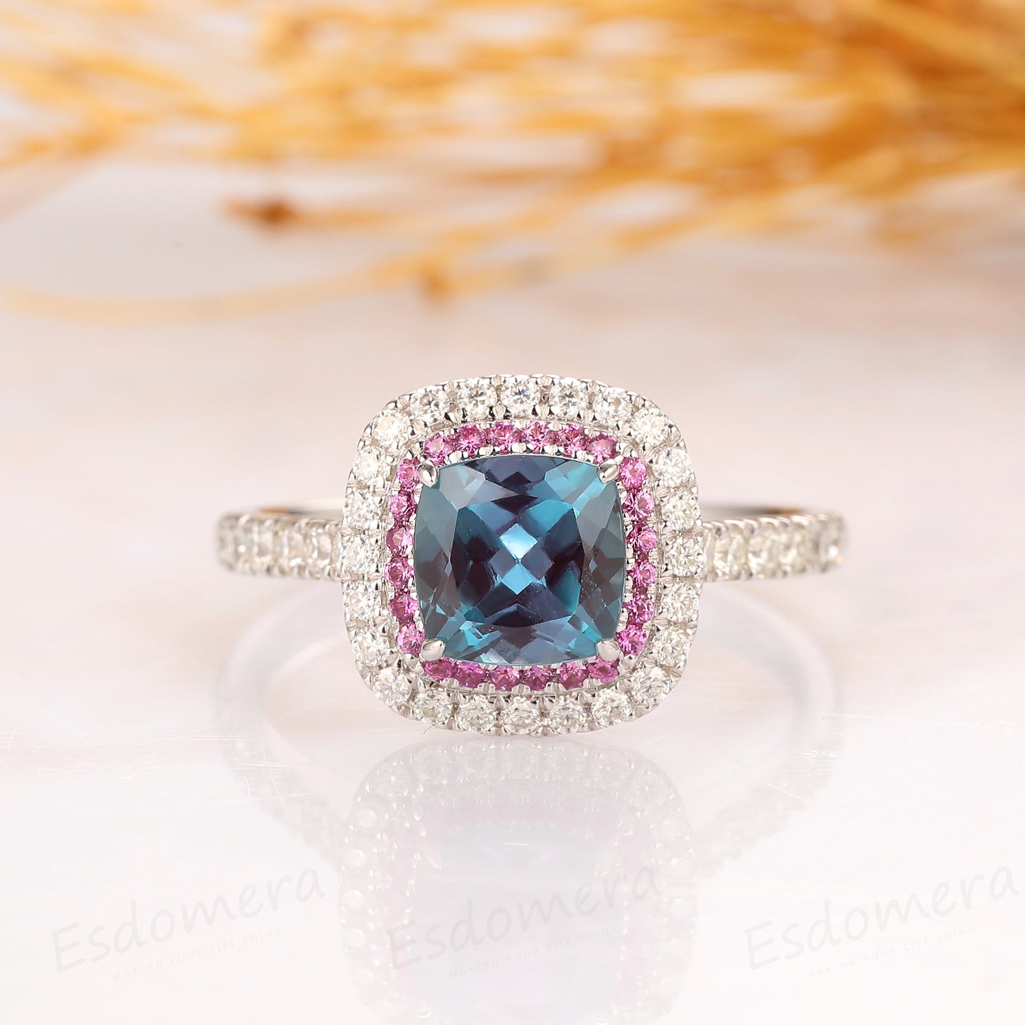 Cushion Cut 1.5ct Alexandrite Ring, Double Halo Pink Pave Set Accents Ring, 14k White Gold Engagement Ring