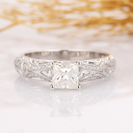 Antique Filigree Princess Cut Ring, 1.1CT Esdomera Moissanite Ring, Anniversary Ring