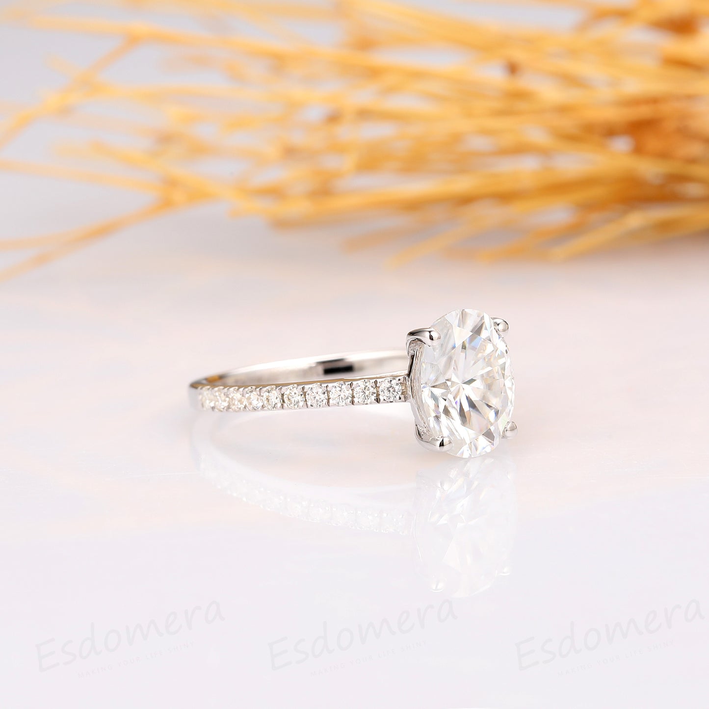 Oval Moissanite Ring, Oval Cut 1.5CT Moissanite Engagement Ring, 14k Yellow Gold Wedding Ring