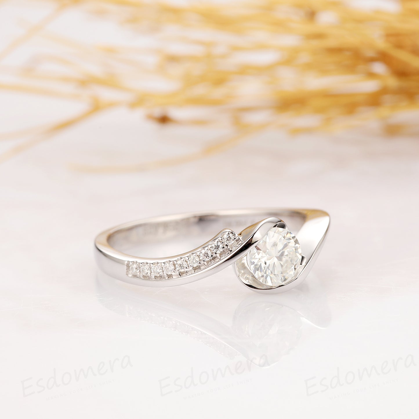 Half Bezel 0.5ct Esdomera Moissanite Ring, 14k White Gold Engagament Ring