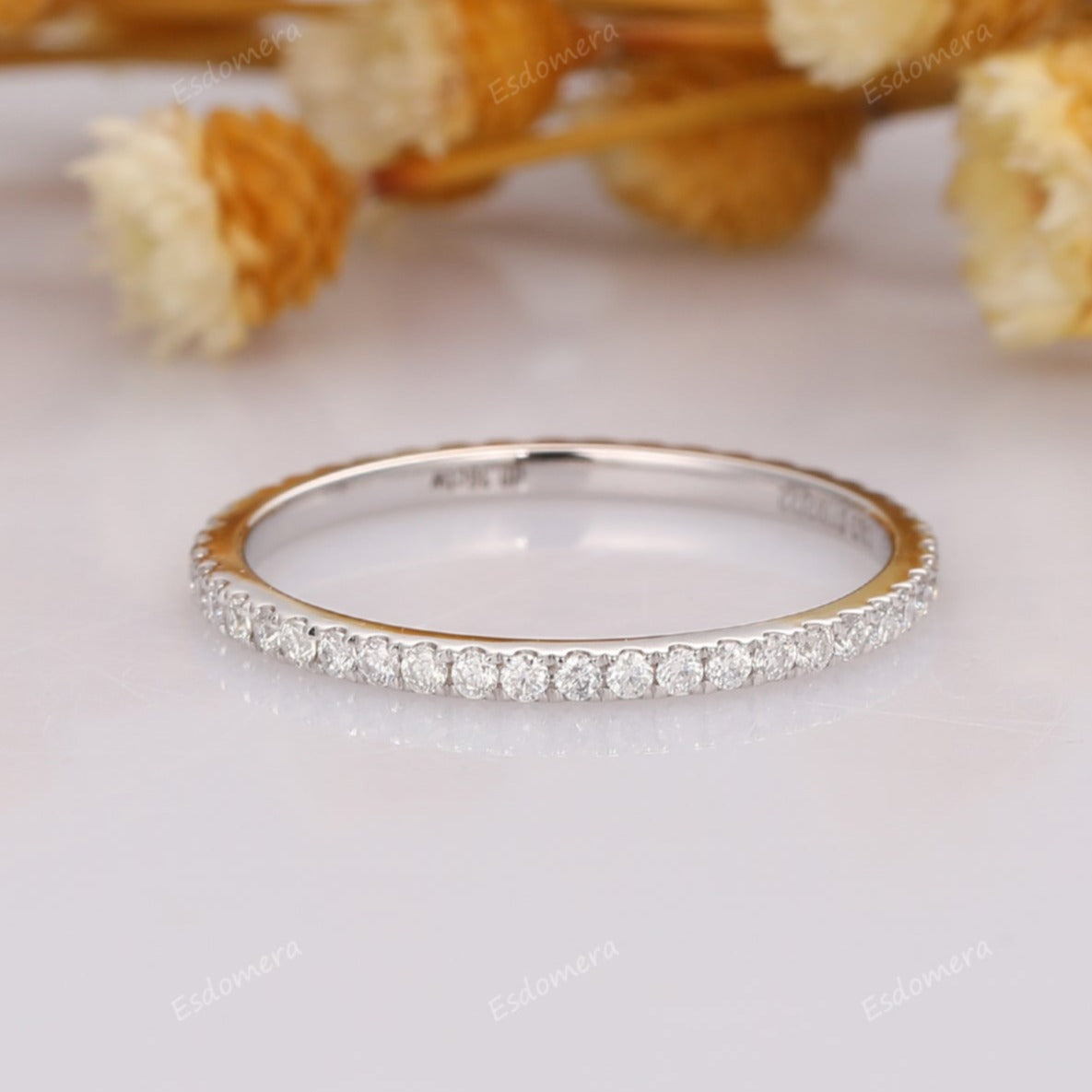 Dainty Moissanite Stacking Ring, Full Eternity Moissanite Wedding Band, 14K White Gold Anniversary Ring, Art Deco Birthday Gift For Women