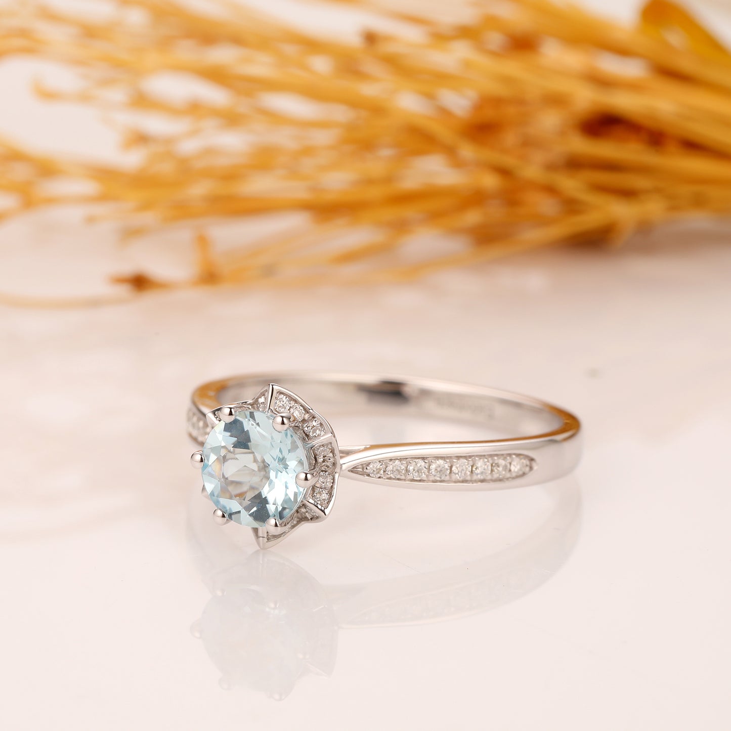 Round 1CT Aquamarine Ring, 14k White Gold Engagement Wedding Ring