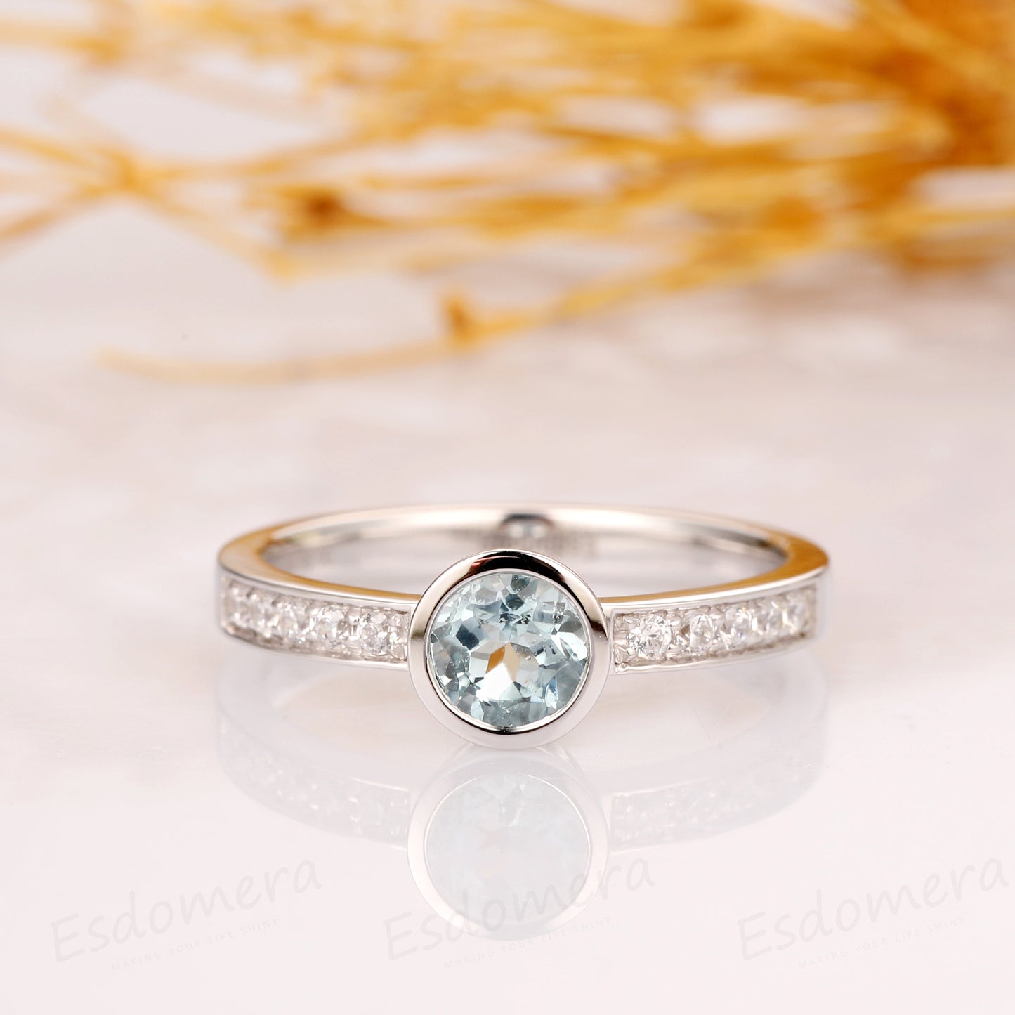 Round Cut 5mm Natural Aquamarine Bezel Ring Set, 14k White Gold Ring