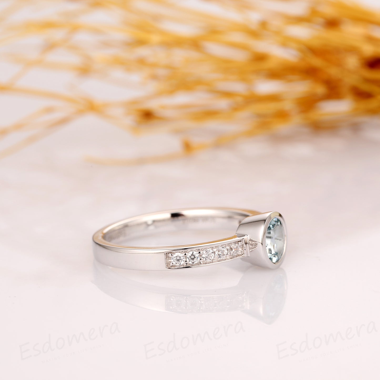 Round Cut 5mm Natural Aquamarine Bezel Ring Set, 14k White Gold Ring