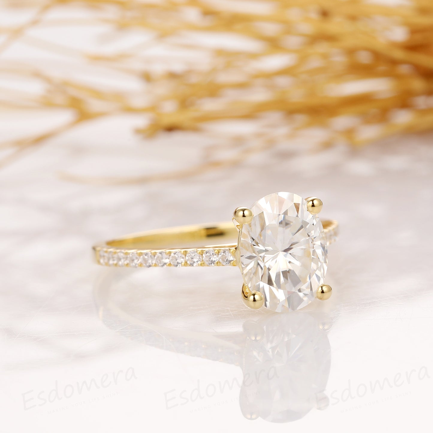 Oval Cut 2.1CT Esdomera Moissanite Engagement Ring, 14k Yellow Gold Half Eternity Wedding Ring